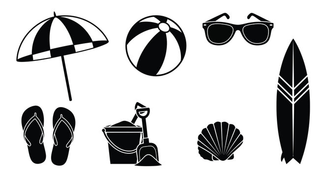 Summer vacation icons beach items in a striking silhouette