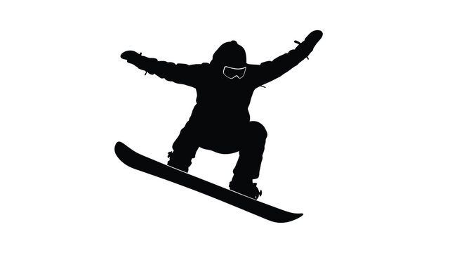 Snowboarder mid air with arms raised a striking black silhouette
