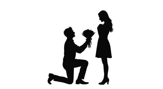 A romantic proposal scene featuring a couple black silhouette