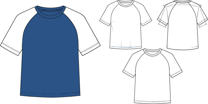 Raglan t shirt template illustration, front and back views apparel mockup, casual clothing design, blank tee outline, fashion garment vector, customizable shirt layout