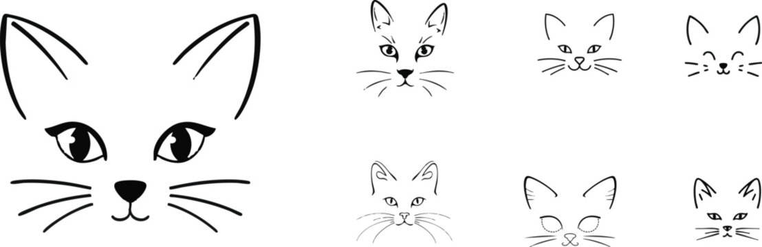 Minimal Cat Face Outline Icon Illustration with Thin Stroke Lines Depicting Cute Feline Expression Isolated on a White Background for Minimalist, Pet, and UI Design Projects
