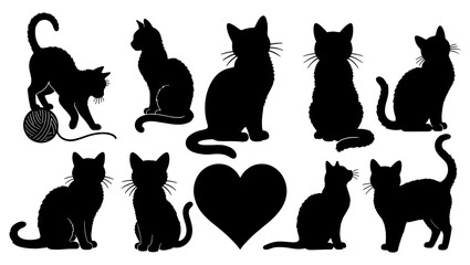 Black cat silhouettes collection, set of 9 feline animal shapes and heart icon, domestic kitten vector graphics for pet shop branding © Shahida