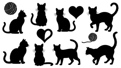 Black cat silhouettes collection, set of 8 feline vector shapes with hearts and yarn balls, domestic kitten profile icons for pet lovers and animal branding © Shahida