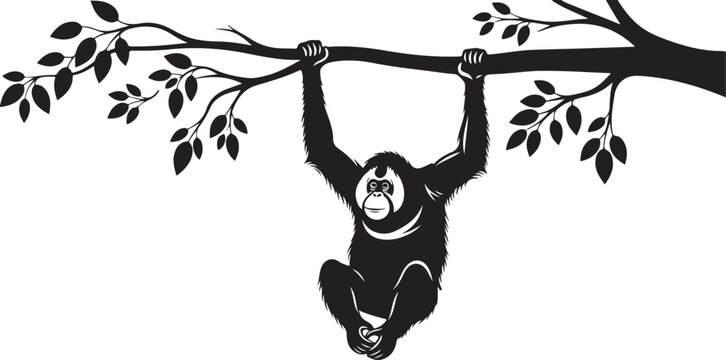 Black and white gorilla hanging from tree branch with leaves