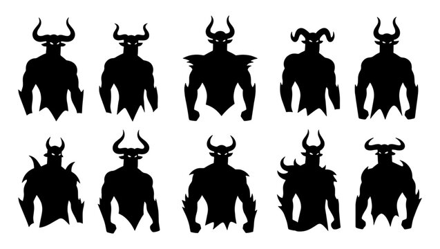 Demonic warrior silhouettes with horns, set of 10 dark fantasy monster icons, black evil creature character vectors for gaming and horror design