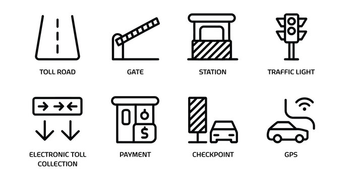 Highway toll icons illustration, editable stroke set with station gate traffic light and electronic toll collection payment checkpoint for web applications.