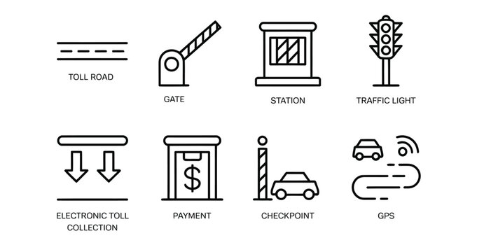 Toll road icons illustration set, editable stroke highway symbols including station gate traffic light and electronic payment checkpoint for apps.