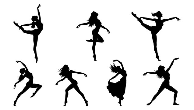 Graceful ballet dancer silhouettes set, 7 elegant female dancing figures in motion, black vector silhouettes of contemporary dancers