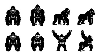 Gorilla silhouette vector icons set, powerful silverback ape mascot collection, black primate animal silhouettes in various poses © Shahida