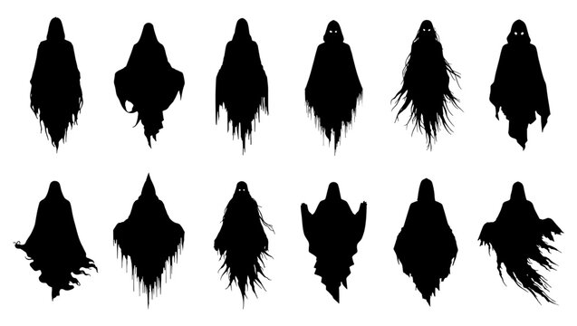 Spooky ghost silhouettes set, 12 creepy phantom vector elements, dark hooded spirits and grim reaper icons for Halloween design