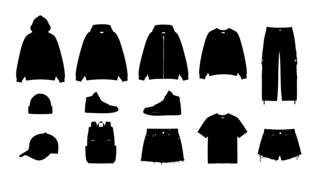 Streetwear clothing silhouette collection, 13 apparel vector icons, urban fashion garment set with hoodie, t-shirt, sneakers, and accessories for techpack design