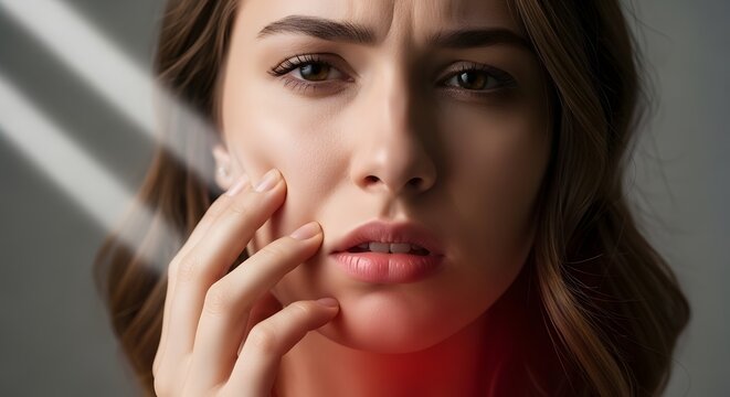 Toothache and facial nerve sensitivity. Dental healthcare and oral hygiene problems. Woman touching her swollen cheek with a painful expression in soft lighting
