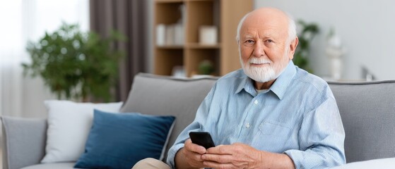 Fototapeta premium Middle aged man smiles while using a mobile phone at home in a bright living room during the afternoon