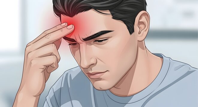 Focal headache and sinus pressure point. Stress relief and acupressure therapy. Young man touching the center of his forehead to alleviate mental tension