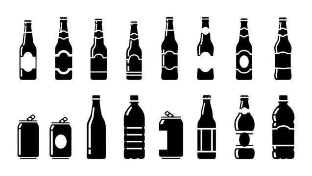Black beer bottle icons and soda can silhouettes, 15 beverage packaging elements, minimalist drink container vector set for brewery branding