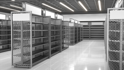 Supermarket interior with rows of metal double-sided display racks with blank topper and diamond grid sides. 3d illustration © Wire_man