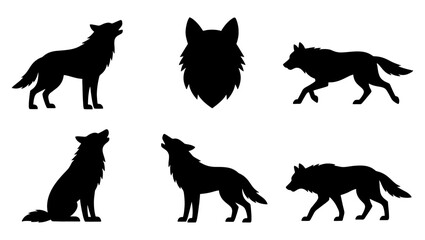 Black wolf silhouette collection, 6 vector elements of howling and walking wolves, wild predator animal icons for nature logos and outdoors design © Rohan