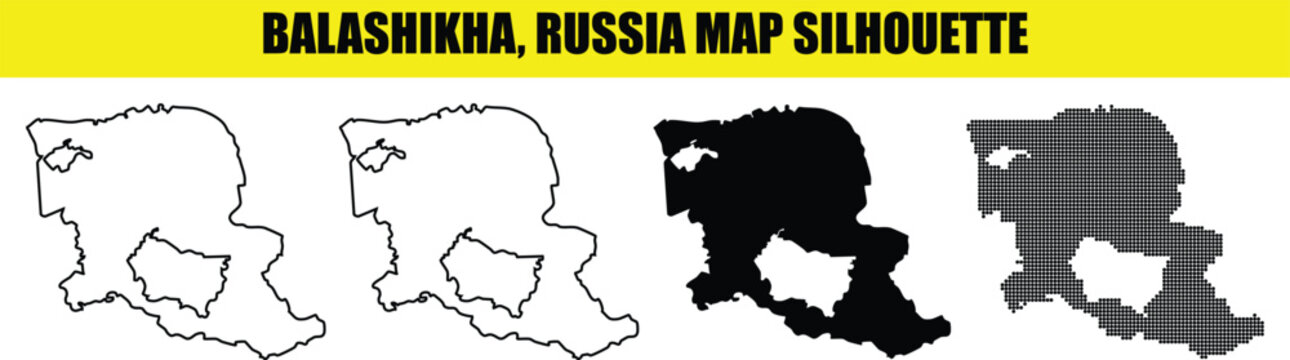 Balashikha russia map silhouette collection with halftone and outline styles for regional administrative use.