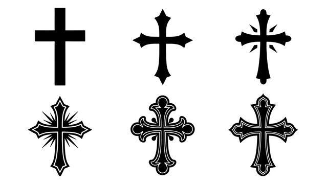 Christian cross vector icons set, religious crucifix symbols in gothic and minimalist styles, 6 black spiritual elements for church design