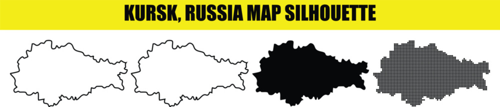 Kursk russia map silhouette set featuring thin line border and creative dotted pattern for regional marketing.