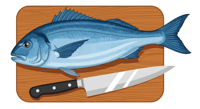 Fresh blue sea bream fish placed on a wooden cutting board next to a sharp chef knife for healthy cooking and seafood preparation.