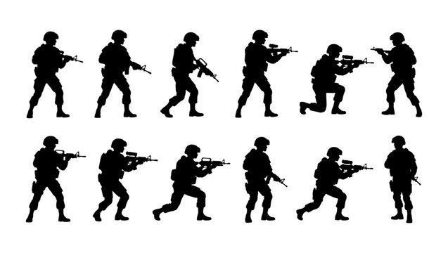 Military soldier silhouettes set, tactical infantry army personnel with rifles, 12 black vector figures of armed commandos in combat poses