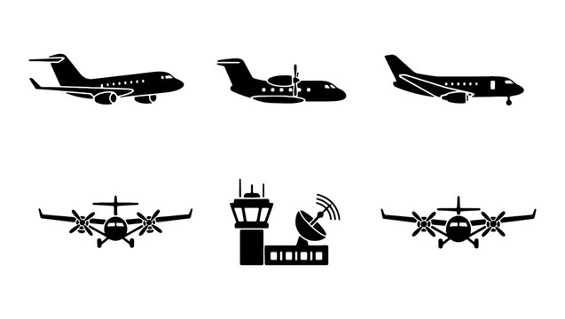 Aviation and airport icon set, black silhouette airplane and control tower vector elements, commercial aircraft and private jet collection