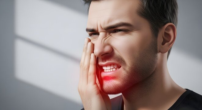 Dental pain and toothache emergency symptoms. Oral healthcare and dentistry concepts. Man holding his jaw with a red glowing area indicating severe tooth or gum inflammation