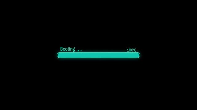 progress bar shows 100% percent of booting sequence on a black background. keywords. booting, system boot, boot process, boot sequence, device booting, computer boot, startup boot, boot loader,