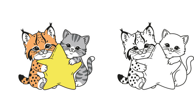 Cute baby lynx and grey tabby kitten hugging big yellow star, adorable best friends holding star together