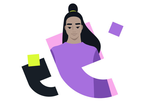 A young individual with stylish hair poses against a plain yellow background, surrounded by colorful geometric shapes that enhance the lively atmosphere.