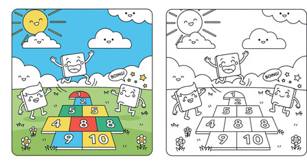Naklejka premium Cute cartoon square characters playing hopscotch game outdoors, happy vector illustration of mascots jumping on numbered grid with smiling sun and clouds background.