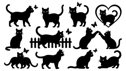 Black cat silhouette collection with butterflies and heart, feline pet vector set for vinyl cutting and laser engraving, animal silhouettes © Ripa