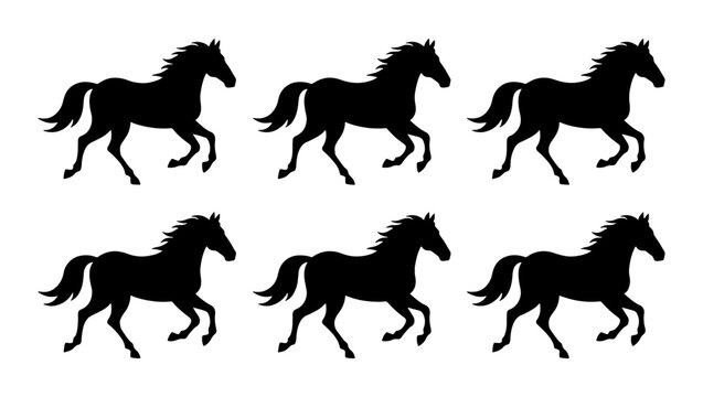 Black horse silhouette set, 6 running stallion vector icons, galloping mustang animal shapes, equestrian graphic elements for logo design