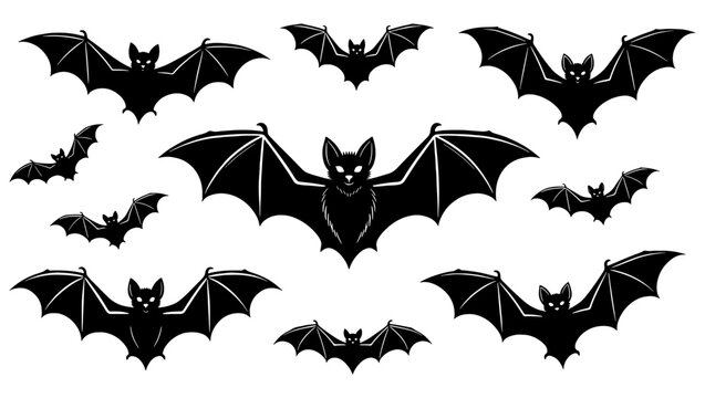 Black bat silhouettes collection, flying vampire bats set of 10 vector icons, spooky halloween animal elements for gothic design and party decor