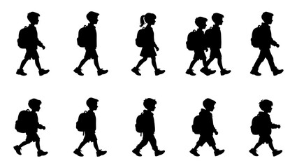 School children walking silhouettes with backpacks, set of 10 student vector icons, kids going to school back view and side profile