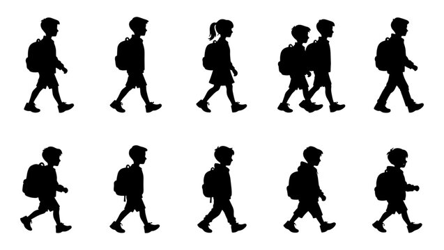 School children walking silhouettes with backpacks, set of 10 student vector icons, kids going to school back view and side profile