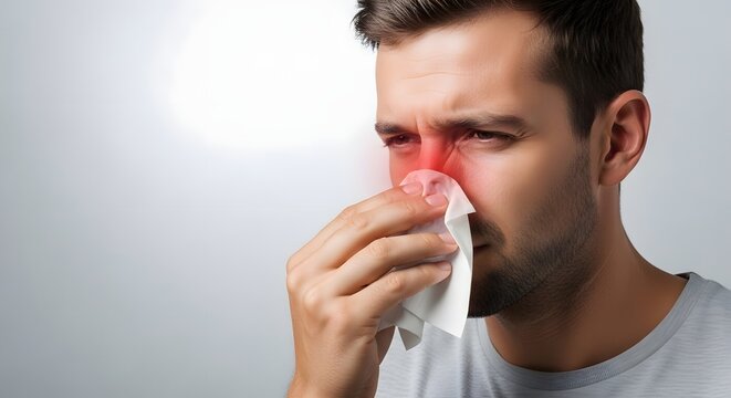 Man blowing nose due to flu and viral infection. Seasonal allergy and common cold relief. Person using paper tissue to clean nasal congestion