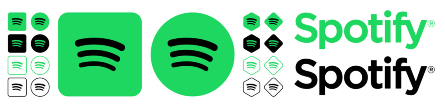 Spotify logo icon set &ndash; Spotify music streaming app symbols round and square vector collection. Spotify brand logo variations isolated on transparent background flat vector icons