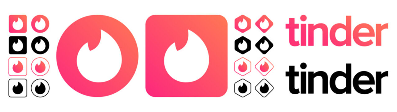 TinderTinder logo icon set &ndash; Tinder dating app symbols round and square vector collection. Tinder brand logo variations isolated on transparent background flat vector icons