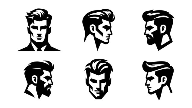 Barbershop logo collection with 6 male head silhouettes, stylish men haircuts and beard styles, black and white masculine grooming vector icons
