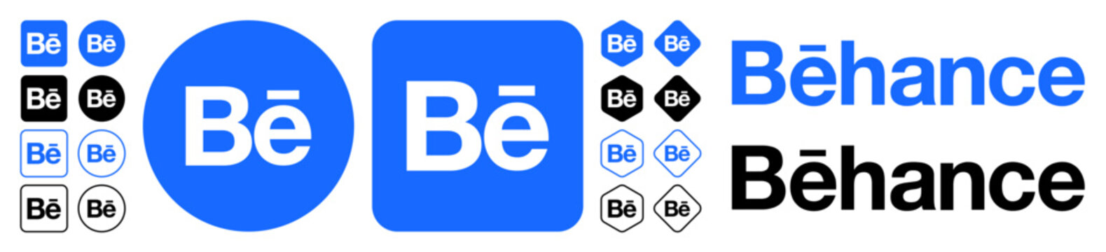Behance logo icon set &ndash; Adobe Behance app symbols round and square vector collection. Behance brand logo variations isolated on transparent background flat vector icons