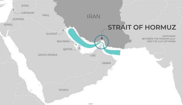 Strait of Hormuz map with oil trade routs connecting the Persian Gulf and Gulf of Oman.