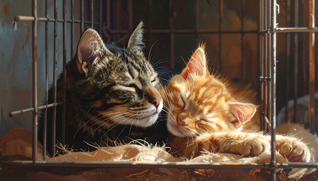 Two sleeping cats, one striped and one orange tabby, cuddle together in a cage-like structure, bathed in warm sunlight