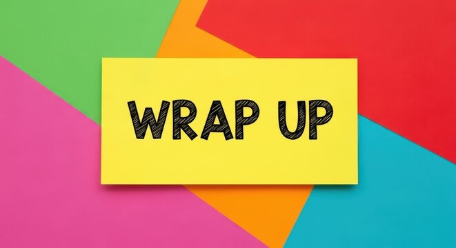 Wrap Up text on yellow card, colorful paper background in flat lay style, business summary and project conclusion concept