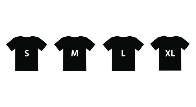 Four t shirts in varying sizes labeled small to extra large silhouette
