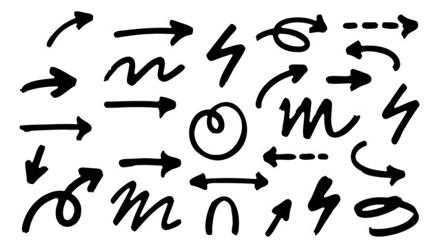 Hand drawn arrow vector set, black ink doodle pointers and brush stroke symbols, collection of sketchy directional signs for business presentations