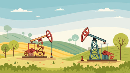 Fototapeta premium Oil pumps in a serene countryside landscape with rolling hills and trees under a blue sky