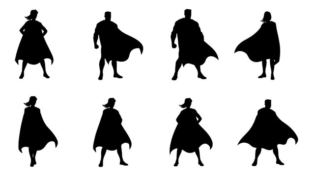 Superhero silhouette collection, 8 black vector icons of male and female heroes with capes, powerful comic book character silhouettes for graphic design
