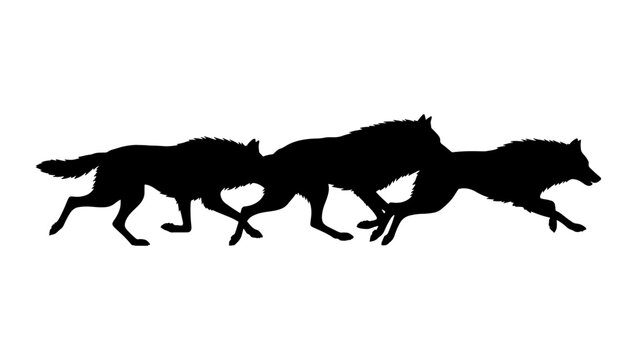 Running wolf pack silhouette vector, black wolves hunting in a row, wild animal predators in motion, minimalist wildlife nature graphics